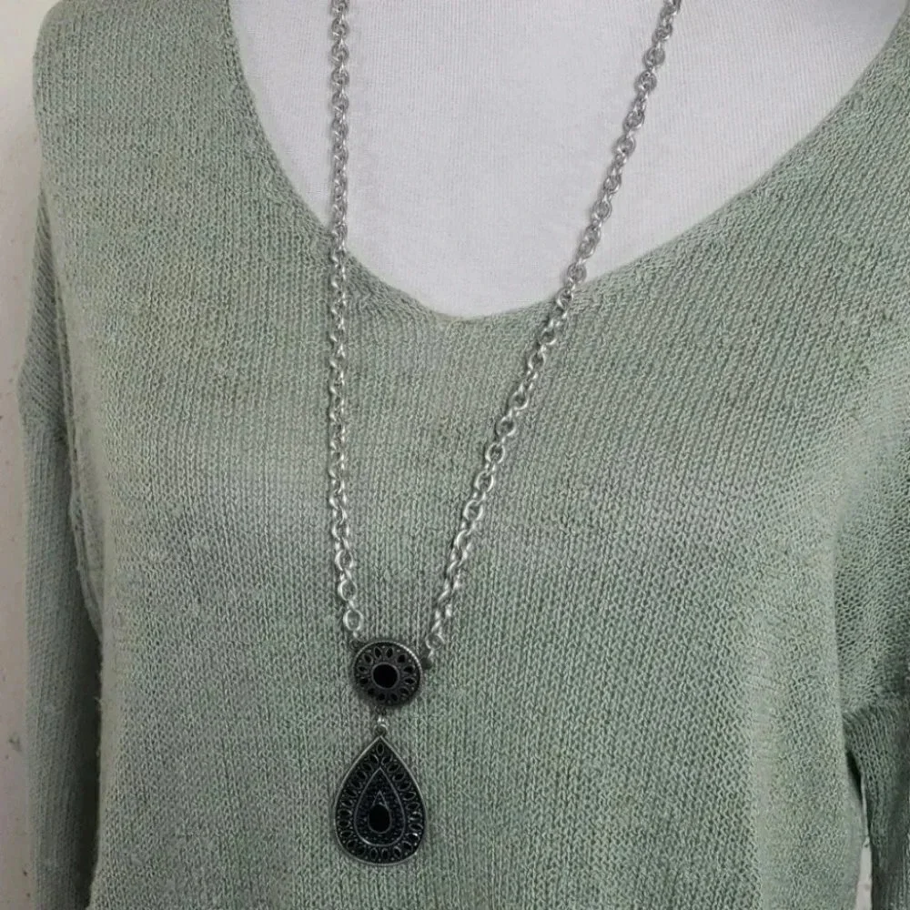 Bijoux Stella Pendant Necklace OS Silver Black Boho Teardrop Long Adjustable 32